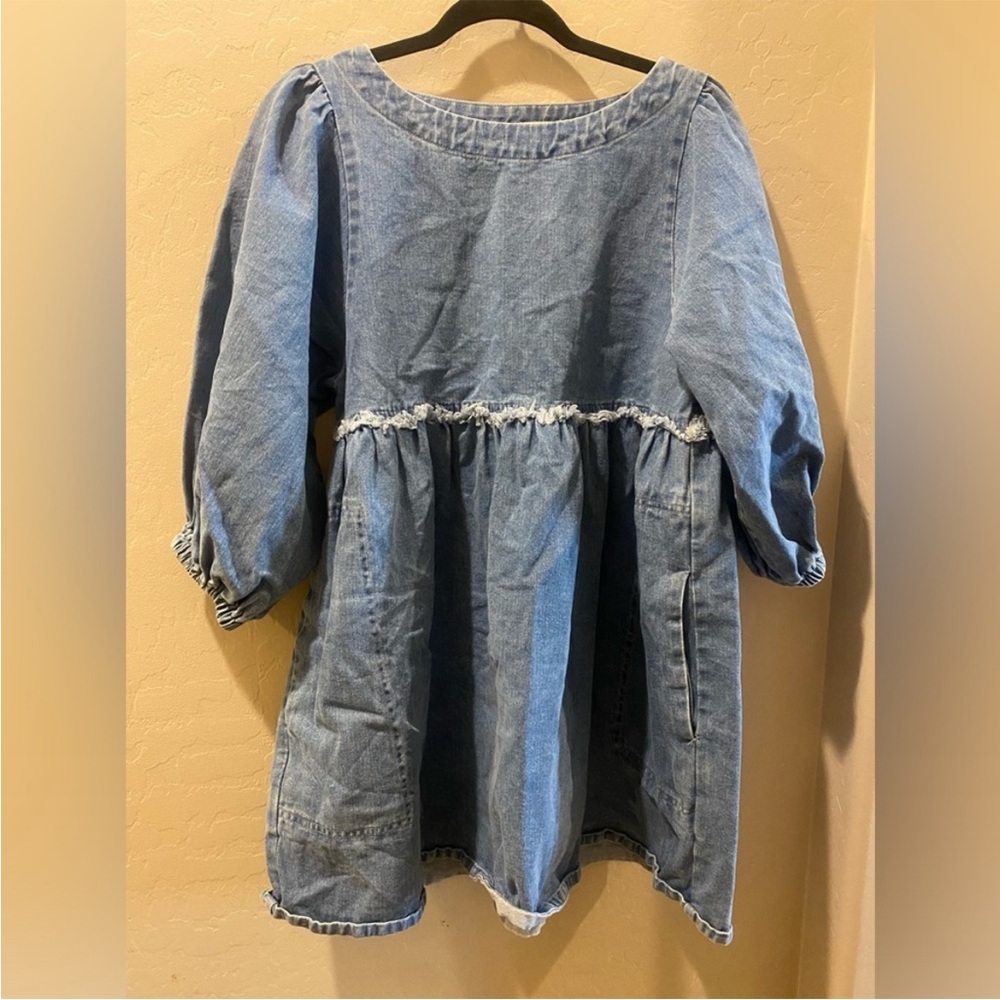 Shop Stevie | Long Sleeve Denim Puff Sleeve Distressed Dress